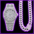 Iced-out AP watch and Cuban link chain moissanite bundle