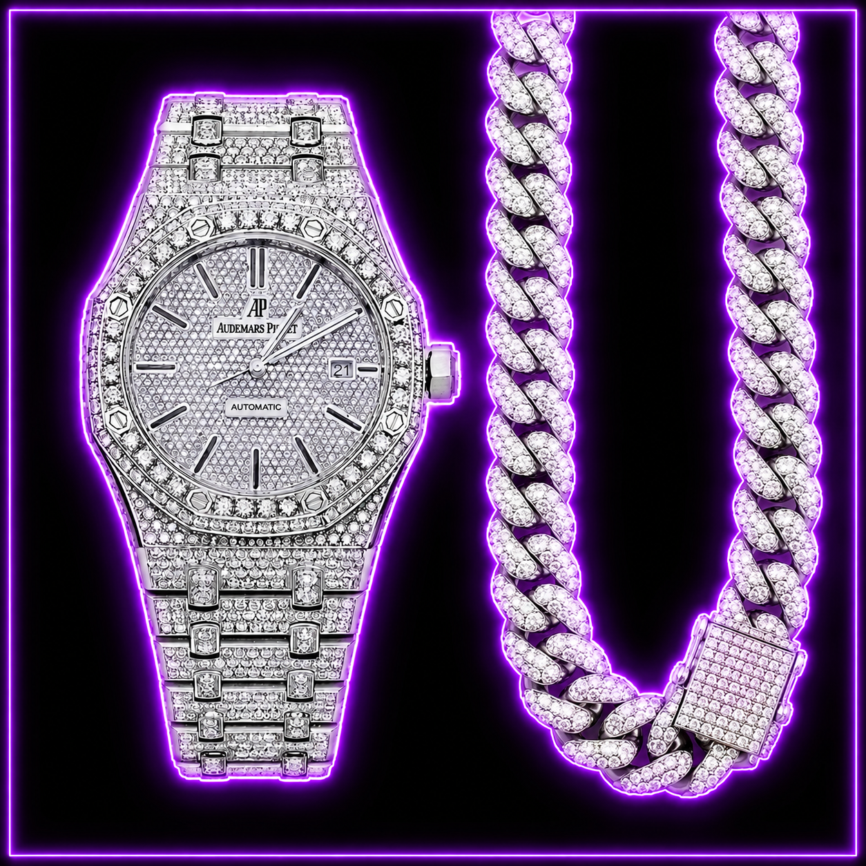 Iced-out AP watch and Cuban link chain moissanite bundle
